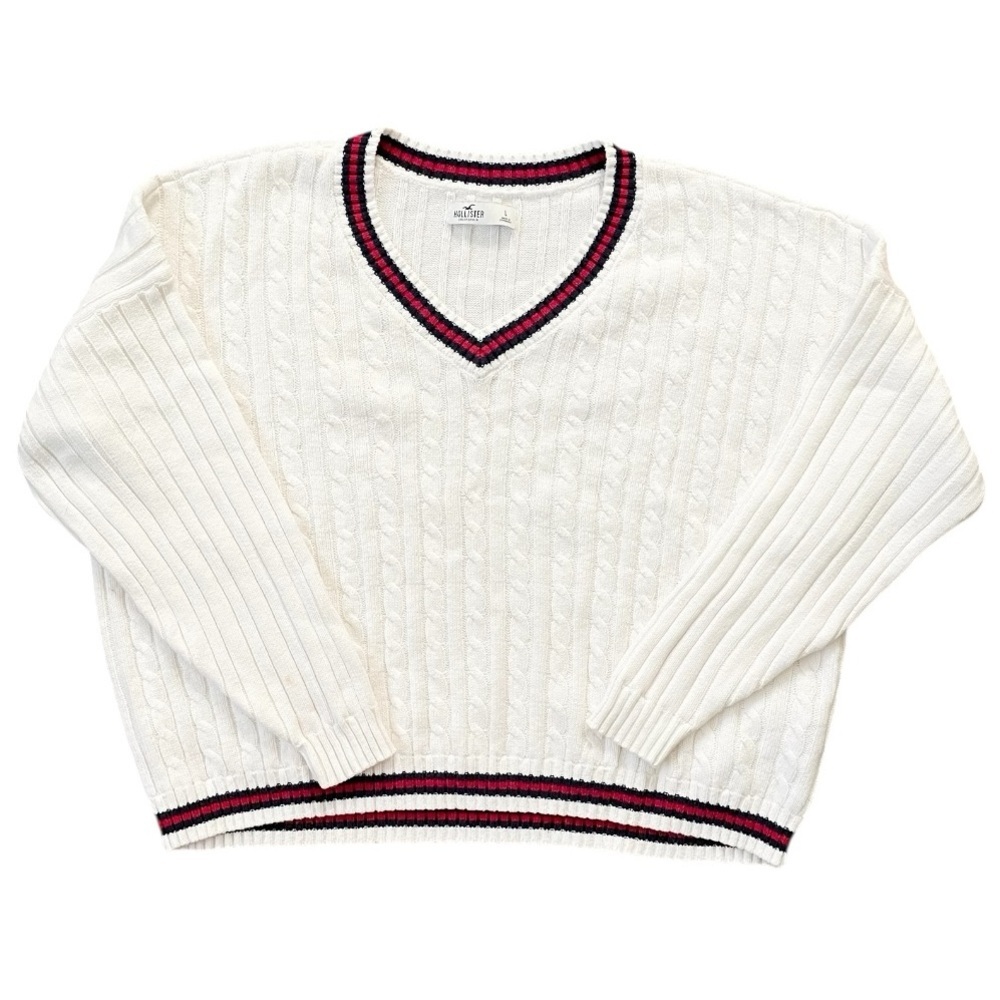 Hollister V-neck cable knit white red blue trim size Large Preppy Tenniscore